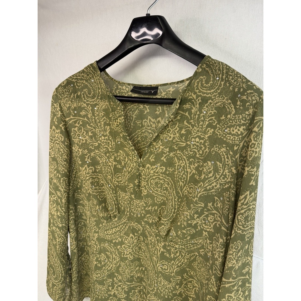 Venezia Chiffon Green Paisley Boho Peasant Babydoll Top Crystal Accents 2X